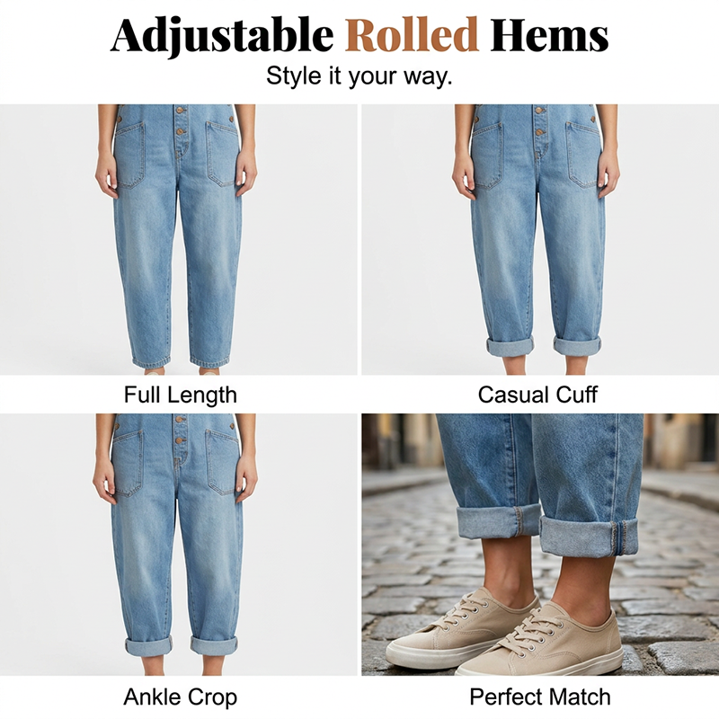 Loose-fitting denim dungarees for women with pocket