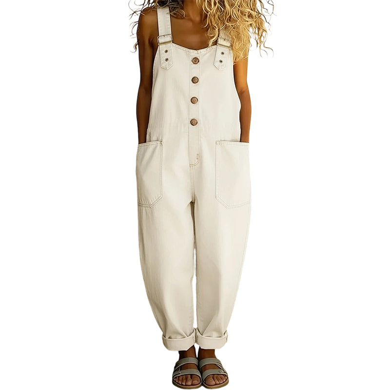 Loose-fitting denim dungarees for women with pocket
