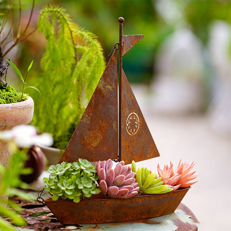 ⛵ 50% OFF NOW! 🌱 Rustic Sailboat Metal Planter – Handcrafted, weather-resistant – charming garden or shelf decor 🏡