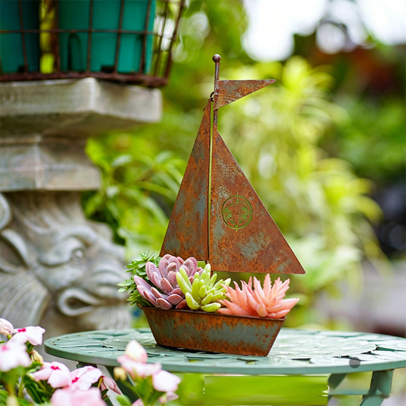 ⛵ 50% OFF NOW! 🌱 Rustic Sailboat Metal Planter – Handcrafted, weather-resistant – charming garden or shelf decor 🏡